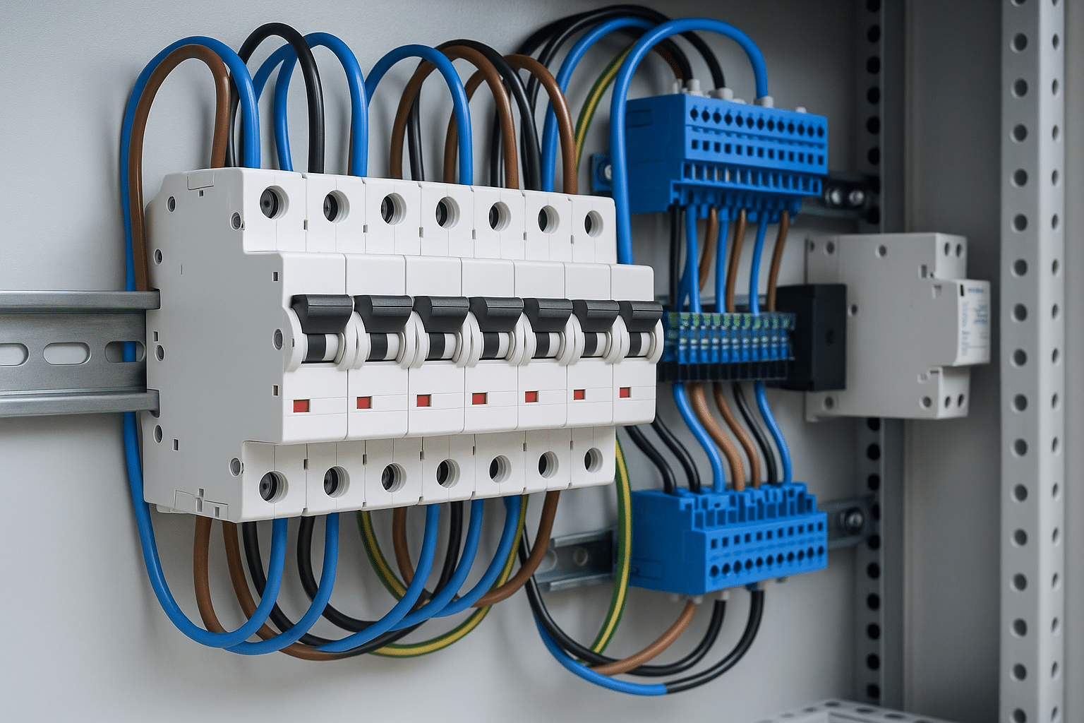 Close-up view of an electrical distribution panel with neatly arranged circuit breakers, coloured wiring, and DIN rail components, representing professional electrical installation and system design.